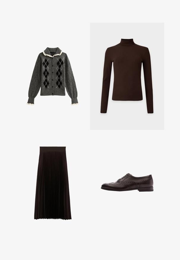 Gilet gris avec des motifs argyle en noir et blanc, poignets côtelés, col volanté et fermeture à boutons. Fabriqué en matière tricotée douce.; Haut à col roulé côtelé marron foncé à manches longues avec silhouette ajustée sur fond clair uni.; Jupe midi plissée noire avec une large ceinture élastique, présentant de fines plis verticaux pour la texture et le mouvement.; Chaussure habillée en cuir marron avec des détails de brogue, fermeture à lacets, bout arrondi et un petit talon empilé. Fini poli et perforations complexes.