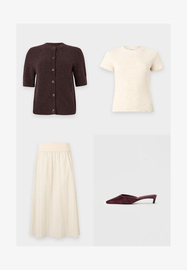 Cardigan court à manches courtes marron foncé avec un col rond et une texture douce et duveteuse.; T-shirt crème à manches courtes avec une texture côtelée, présentant de petites taches subtiles partout. Encolure ronde classique et coupe ajustée.; Jupe crème plissée avec fines rayures verticales, dotée d'une ceinture élastique douce. Fabriquée en tissu léger pour le confort.; Mules bordeaux en daim doux, avec un bout pointu, un dos ouvert et un talon fin et bas pour une silhouette élancée.