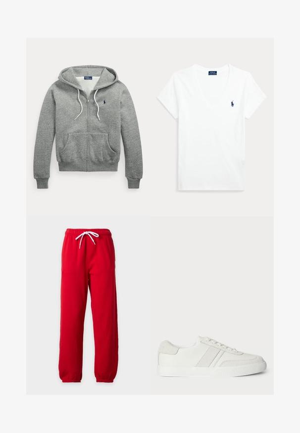 Γκρι φούτερ με φερμουάρ, λευκά κορδόνια, μπροστινές τσέπες, ριμπ μανσέτες και μικρό σκούρο μπλε λογότυπο Polo Ralph Lauren στο στήθος.; Λευκό T-shirt με κοντά μανίκια και λαιμόκοψη σε σχήμα V, με μικρό σκούρο μπλε λογότυπο Polo Ralph Lauren στο αριστερό στήθος.; Κόκκινη φόρμα με λευκό κορδόνι, ελαστική μέση και ελαστικές μανσέτες σε απλό ανοιχτό φόντο.; Λευκό sneaker με λείο δερμάτινο επάνω μέρος, σουέτ λεπτομέρειες και επίπεδα κορδόνια. Διαθέτει υφή ελαστική σόλα και μινιμαλιστικό σχέδιο.