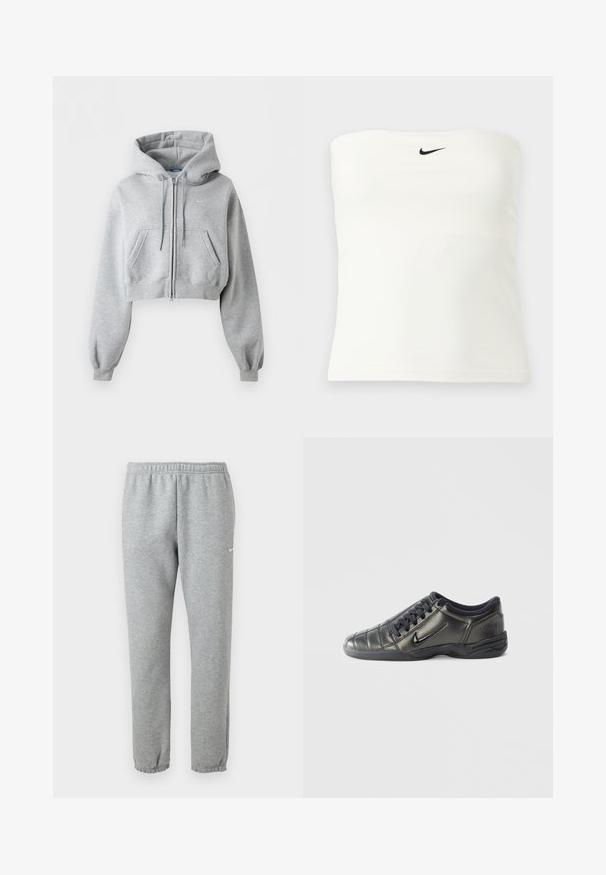 Gaiši pelēks īss rāvējslēdzēja džemperis ar kapuci, priekšējām kabatām, kapuces aukliņu, ribotām aprocēm un mazu Nike logotipu uz krūts.; Balts nike bezšuvju tops ar melnu swoosh logotipu, kas ir centrēts netālu no augšējās malas, attēlots uz gaiša, vienkārša fona.; Gaiši pelēkas Nike sporta bikses ar elastīgu jostu un aprocēm, mazs balts Nike swoosh logotips augšējā kreisā augšstilba daļā.; Melnas zemas Nike kedas ar shoēmēm, izšūtiem detaļām un teksturētu zoli uz vienkrāsaina baltā fona.