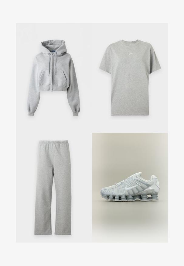 Light grey cropped zip-up hoodie with front pockets, drawstring hood, ribbed cuffs, and subtle Nike logo on the chest.; Grey short-sleeve cotton t-shirt with crew neck and small white Nike swoosh logo centered on the chest.; Light gray sweatpants with elastic waistband and a small white Nike logo on the upper thigh, displayed flat against a white background.; White and gray Nike athletic shoe with vertical stripe design and distinctive spring-like sole structure.