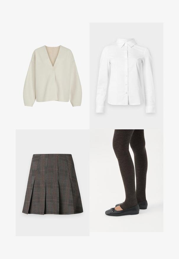 Suéter envolvente de color crema con un escote en V pronunciado, corte holgado y hombros caídos. Tejido suave y texturizado sin cierres visibles ni estampados.; Camisa blanca de manga larga con botones, cuello puntiagudo, bajo recto y silueta ajustada, presentada sobre un fondo claro y liso.; Falda de cuadros gris con pliegues, con intrincados patrones en blanco y negro, acentuados por delgadas líneas rojas. Está hecha de una tela estructurada.; Piernas con leggings oscuros acanalados combinados con bailarinas negras que presentan pequeños detalles de lazo sobre un fondo blanco.