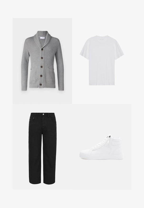 Grijze gebreide cardigan met een sjawl kraag, vijf bruine knopen, twee voorkruiszakken en geribbelde manchetten. De textuur van de stof biedt een gezellige uitstraling.; Witte katoenen T-shirt met korte mouwen, een ronde hals en een gladde textuur. Heeft minimale branding op de halslijn.; Zwarte rechte broek met knoop- en ritssluiting aan de voorkant, riemlussen en drie voorzakken op een effen lichte achtergrond.; Witte high-top sneaker gemaakt van glad synthetisch materiaal. Beschikt over een rits aan de zijkant, ronde neus en een gestructureerde rubberen zool.