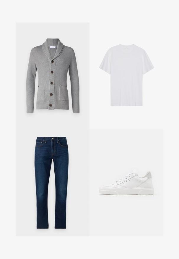 Cardigan tricoté gris avec un col châle, cinq boutons marron, deux poches avant et des poignets côtelés. Le tissu texturé donne une apparence confortable.; T-shirt en coton blanc à manches courtes, col rond et texture lisse. Présente un branding minimal au niveau du col.; Jeans en denim bleu foncé avec une coupe droite. Les caractéristiques incluent des coutures contrastées, cinq poches et une fermeture à bouton à l'avant.; Des baskets en cuir blanc avec une finition lisse, un bout rond, des lacets plats et une semelle texturée. Accents en daim gris au niveau du talon.