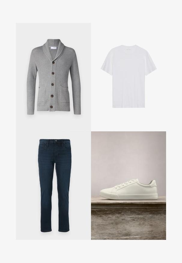 Cárdigan de punto gris con cuello chal, cinco botones marrones, dos bolsillos frontales y puños acanalados. El tejido texturizado ofrece una apariencia acogedora.; Camiseta de algodón blanca con mangas cortas, cuello redondo y una textura suave. Presenta una marca mínima en el escote.; Jeans de mezclilla azul oscuro con corte recto, con cinco bolsillos, cierre de botón y un ligero desgaste en la parte frontal.; Zapatilla blanca con cordones flotando sobre un banco de madera con follaje verde al fondo, mostrando el diseño y la textura del zapato.