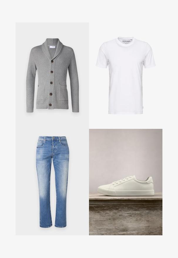 Grauer Strickcardigan mit einem Schalkragen, fünf braunen Knöpfen, zwei vorderen Taschen und gerippten Bündchen. Das strukturierte Material sorgt für ein gemütliches Aussehen.; Weißes T-Shirt mit kurzen Ärmeln aus Baumwolle, mit Rundhalsausschnitt und einem schlichten Design. Markentag im Nackenbereich sichtbar. Keine Muster oder Verzierungen.; Hellblaue Jeans aus Denim mit geradem Bein, fünf Taschen, leichtem Verblassen und einem Metallknopfverschluss am Bund.; Weiße Schnürsneaker, die über einer Holzbank mit grünem Laub im Hintergrund schweben und das Schuhdesign sowie die Textur zeigen.