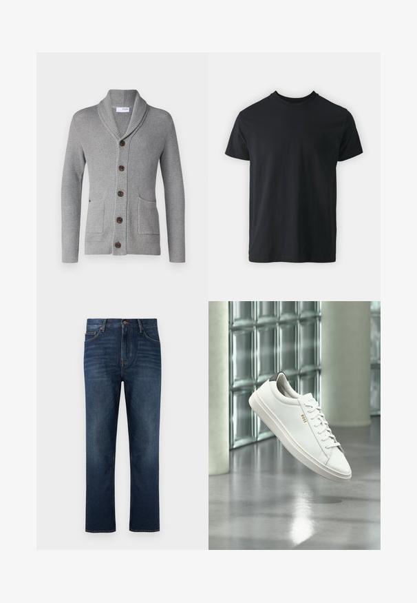 Grauer Strickcardigan mit einem Schalkragen, fünf braunen Knöpfen, zwei vorderen Taschen und gerippten Bündchen. Das strukturierte Material sorgt für ein gemütliches Aussehen.; Schwarzes Baumwoll-T-Shirt mit kurzen Ärmeln, Rundhalsausschnitt und lässiger Passform. Glatte Textur und gerader Saum, keine sichtbaren Grafiken oder Muster.; Dunkelblaue Jeans mit geradem Bein, ausgestattet mit einer vorderen Knopfverschlusstasche und dezenten Verblasungen im Stoff.; Weißer Leder-Low-Top-Sneaker mit Schnürsenkeln, schwarzer Fersenschlaufe und „BOSS“-Logo, der drinnen nahe einer Glassteinwand und einem polierten Boden schwebt.