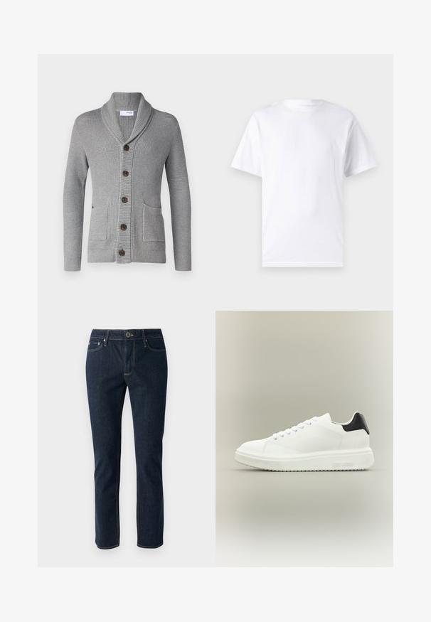Cárdigan de punto gris con cuello chal, cinco botones marrones, dos bolsillos frontales y puños acanalados. El tejido texturizado ofrece una apariencia acogedora.; Camiseta blanca de manga corta hecha de algodón con cuello redondo, que presenta una textura suave y un diseño simple sin patrones ni acentos.; Vaqueros de mezclilla azul oscuro con un diseño de pierna recta, que cuentan con un cierre de botón, cinco bolsillos y costuras en contraste. Textura suave.; Zapatilla blanca de caña baja con suela gruesa, cierre de cordones en la parte delantera y lengüeta negra en el talón, con la marca "Steve Madden" en la suela lateral.