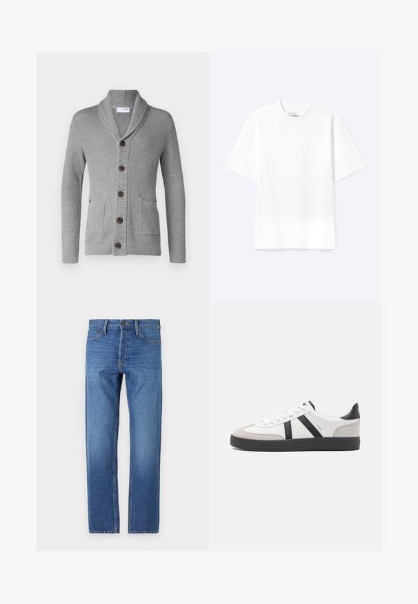 Grijze gebreide cardigan met een sjawl kraag, vijf bruine knopen, twee voorkruiszakken en geribbelde manchetten. De textuur van de stof biedt een gezellige uitstraling.; Effen witte T-shirt met korte mouwen en ronde hals, met een losse pasvorm, weergegeven op een lichte achtergrond.; Blauwe denim jeans met een rechte pijp, klassieke vijf-pocketontwerp, koperen stiksels en een vervaagde wasbeurt voor een versleten look.; Witte sneaker met zwarte en grijze accenten, voorzien van een grijze neus met textuur, zwarte rubberen zool en platte witte veters. Schoon ontwerp, minimalistische stijl.