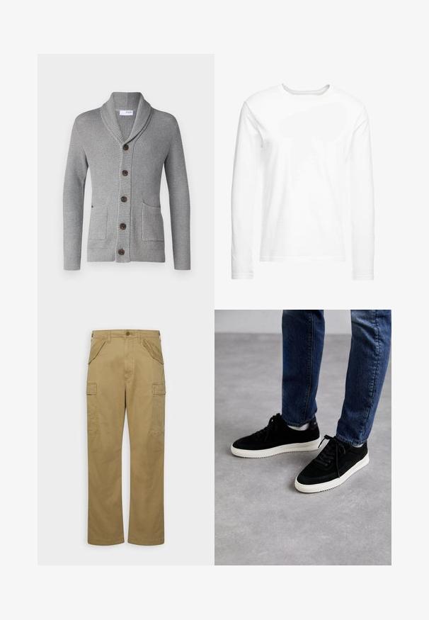 Grijze gebreide cardigan met een sjawl kraag, vijf bruine knopen, twee voorkruiszakken en geribbelde manchetten. De textuur van de stof biedt een gezellige uitstraling.; Langsleeve witte t-shirt gemaakt van zachte katoen. Ronde halslijn met rechte zoom en geen zichtbare patronen of graphics.; GAP RELAXED MILITARY PANT - Cargobroek - mission tan; Zwarte suede sneakers met een witte rubberen zool, met een klassiek low-top ontwerp, een ronde neus en flat zwarte veters.