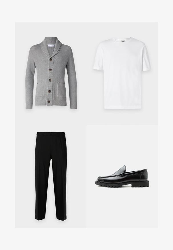 Cárdigan de punto gris con cuello chal, cinco botones marrones, dos bolsillos frontales y puños acanalados. El tejido texturizado ofrece una apariencia acogedora.; Camiseta de algodón blanca con cuello redondo, mangas cortas y puños enrollados; diseño sin adornos, textura suave y corte recto.; Pantalones negros de tela suave, con corte recto, dos bolsillos frontales y cremallera con cierre de botón.; Mocasín de cuero negro con suela de goma gruesa, empeine cosido y nombre de la marca en relieve en el talón, mostrado en perfil lateral sobre fondo blanco.