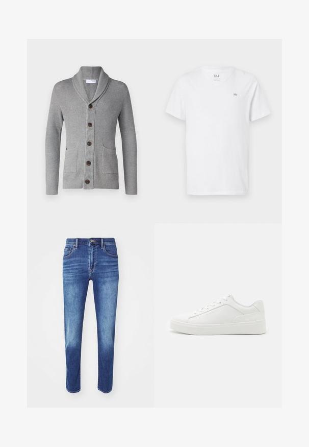 Grauer Strickcardigan mit einem Schalkragen, fünf braunen Knöpfen, zwei vorderen Taschen und gerippten Bündchen. Das strukturierte Material sorgt für ein gemütliches Aussehen.; Weißes Baumwoll-T-Shirt mit V-Ausschnitt, kurzen Ärmeln und einem kleinen gestickten Logo auf der oberen linken Brust. Glatte Textur.; Blaue Denim-Jeans mit geradem Schnitt, fünf Taschen-Design und klassischem Knopfverschluss. Merkmale sind dezente Ausbleichungen und gestickte Details.; Weiße Low-Top-Sneaker aus glattem Leder mit runder Schuhspitze, flachen Sohlen und dezentem Branding an der Seite.