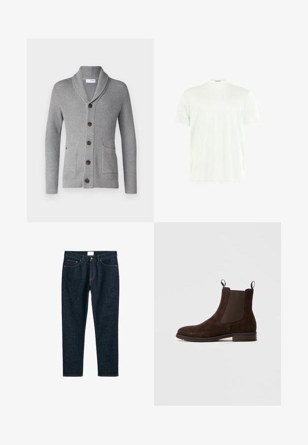 Grijze gebreide cardigan met een sjawl kraag, vijf bruine knopen, twee voorkruiszakken en geribbelde manchetten. De textuur van de stof biedt een gezellige uitstraling.; Witte T-shirt met ronde hals gemaakt van zachte stof. Korte mouwen, zonder patronen. Eenvoudig ontwerp met een rechte zoom en minimale details.; Donkerblauwe denim jeans, rechte pasvorm, met vijf zakken, knoopsluiting en contrasterende stiksels. Gladde textuur met een klassiek ontwerp.; Bruine leren Chelsea-boot van suede met elastische zijpanelen, luslussen, ronde neus en een lage gestapelde hak. De textuur zorgt voor extra detail.