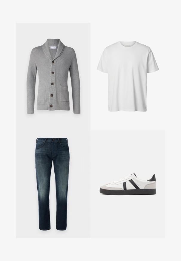 Grijze gebreide cardigan met een sjawl kraag, vijf bruine knopen, twee voorkruiszakken en geribbelde manchetten. De textuur van de stof biedt een gezellige uitstraling.; Eenvoudig wit T-shirt met korte mouwen en ronde hals, losse pasvorm en zonder zichtbare logo's of ontwerpen aan de voorkant.; Donkerblauwe rechte jeans van denim met lichte vervaging op de dijen en knieën, met knoop- en ritssluiting aan de voorkant en vijf-pocketstijl.; Witte sneaker met zwarte en grijze accenten, voorzien van een grijze neus met textuur, zwarte rubberen zool en platte witte veters. Schoon ontwerp, minimalistische stijl.