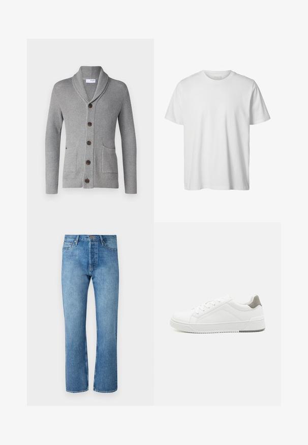 Grauer Strickcardigan mit einem Schalkragen, fünf braunen Knöpfen, zwei vorderen Taschen und gerippten Bündchen. Das strukturierte Material sorgt für ein gemütliches Aussehen.; Schlichtes weißes T-Shirt mit kurzen Ärmeln und Rundhalsausschnitt, lässiger Passform und ohne sichtbare Logos oder Designs auf der Vorderseite.; Helle blaue Jeans mit geradem Bein, ausgestattet mit einem klassischen Fünf-Taschen-Design, einem Knopfverschluss und kontrastierenden Nähten.; Weißer Sneaker aus glattem Leder, runde Zehenpartie, minimalistisches Design, graue Fersenkante und strukturierte Gummisohle.