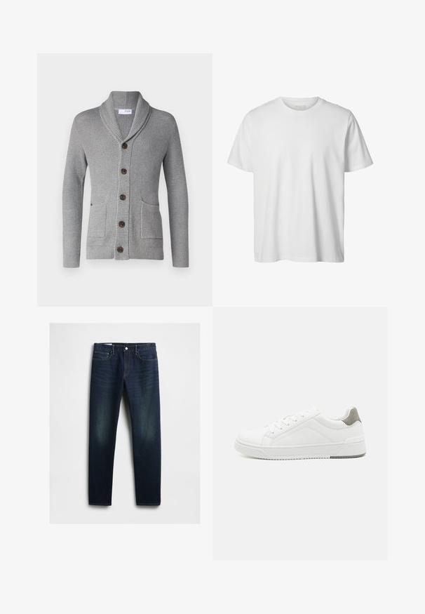 Cardigan tricoté gris avec un col châle, cinq boutons marron, deux poches avant et des poignets côtelés. Le tissu texturé donne une apparence confortable.; T-shirt blanc uni à manches courtes, col rond, coupe décontractée, sans logos ni motifs visibles à l'avant.; Jean en denim bleu foncé avec une coupe droite, comportant cinq poches, une braguette à boutons et un léger décoloration sur les cuisses. Détails de couture classiques.; Basket blanche en cuir lisse, à bout arrondi, design minimaliste, accent de talon gris et semelle en caoutchouc texturé.