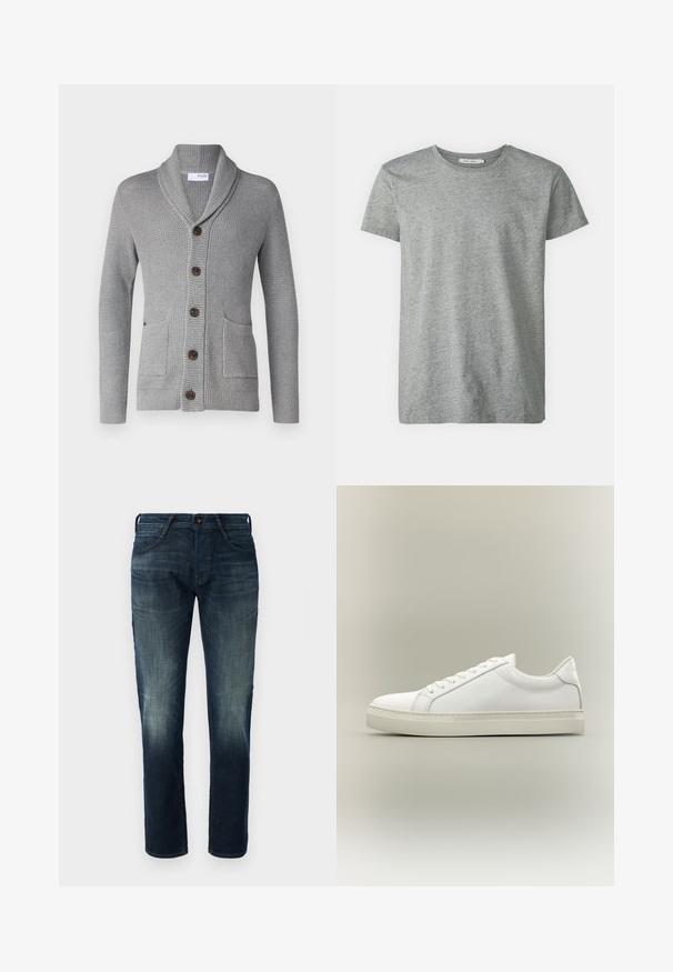 Grijze gebreide cardigan met een sjawl kraag, vijf bruine knopen, twee voorkruiszakken en geribbelde manchetten. De textuur van de stof biedt een gezellige uitstraling.; Grijze korte mouwen t-shirt gemaakt van een zachte katoenen mix. Heeft een ronde halslijn en een eenvoudige, gladde textuur zonder patronen of accenten.; Donkerblauwe rechte jeans van denim met lichte vervaging op de dijen en knieën, met knoop- en ritssluiting aan de voorkant en vijf-pocketstijl.; Witte lage sneaker met veters aan de voorkant en dikke zool, zijaanzicht tegen een neutrale achtergrond.