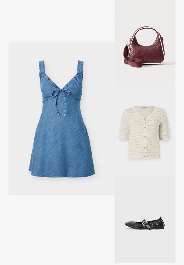 Cardigan court à manches courtes tricoté couleur crème avec bords festonnés, rayures horizontales en maille ajourée, et cinq boutons ronds décoratifs sur le devant.; Robe mini en denim sans manches avec des bretelles larges et un nœud à l'avant au niveau de l'encolure en V, légèrement évasée à l'ourlet.; Chaussure plate en cuir noir avec un nez pointu, des détails froncés autour de l'ouverture et un accent en boucle argentée sur la bride ajustable.; Sac à main en cuir tressé marron foncé avec poignée courbée, garniture blanche, fermeture éclair argentée et bandoulière large en tissu amovible sur fond uni.