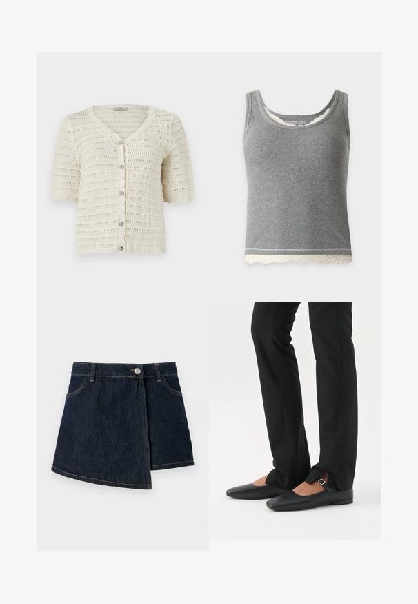 Cardigan court à manches courtes tricoté couleur crème avec bords festonnés, rayures horizontales en maille ajourée, et cinq boutons ronds décoratifs sur le devant.; Débardeur gris côtelé sans manches avec bordure en dentelle blanche à l'ourlet et à l'encolure, posé à plat sur un fond clair.; Jupe en denim avec une teinte foncée, de forme A, fermeture à boutons sur le devant et détails de couture subtils. Elle présente un design enroulé sur le côté.; Jambes vêtues d’un pantalon slim noir avec des fentes à l’avant de l’ourlet, assorties à des chaussures plates Mary Jane noires avec une petite bride à boucle.