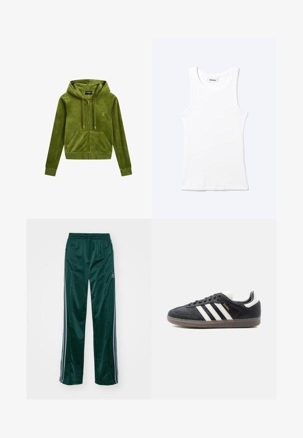 Grøn velour zip-up hoodie med en forlommer, guld lynlås og logodetalje. Har hætte og ribbede manchetter. Blød tekstur.; Hvid ærmeløs ribstrikket top med rund halsudskæring og en lille label med teksten "WEEKDAY" indeni kraven.; Mørkegrønne træningsbukser lavet af skinnende materiale, med sidelister i lys grå og et broderet logo på venstre ben.; Sort Adidas Samba sneaker med hvide striber, gumisål og guldfarvet "Samba" tekst på siden, vist fra venstre profil på ensfarvet baggrund.