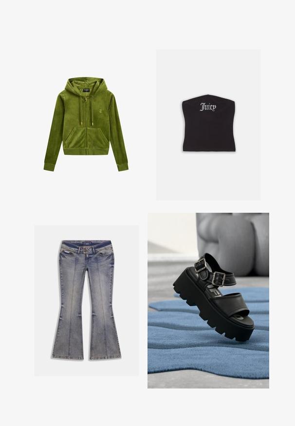 Roheline veluurist lukuga kapuutsiga jakker, millel on eesmine tasku, kuldne lukustus ja logo detail. Omab kapuutsi ja soonikuid varrukaid. Pehme tekstuur.; Must hakkidega crop top musta värvi, millel on sile tekstuur ja kaarjas kaelus, kaunistatud rhinestone-tähega sõnaga "Juicy" ees.; Heledate pleekinud laikudega kerge sinise värvusega lehvidega teksapüksid, esitaskud ja kontrastse õmblusega. Omaduseks on lukk ees ja bränditud vöökoht.; Mustad massiivne platvormsandaal kahe hõbedase pandlaga sinisel tekstuuriga vaibal, taustal udune hall skulptuur.