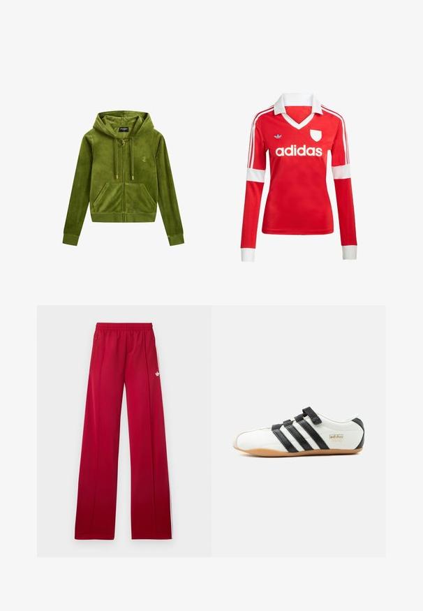 Zelená velúrová mikina s kapucňou na zips, s prednou kapsou, zlatým zipsom a logom. Obsahuje kapucňu a rebrované manžety. Mäkkučká textúra.; Červený futbalový dres s dlhým rukávom a bielym golierom a manžetami. Na ramenách sú tri biele pruhy a výrazne zobrazené logo "adidas".; Červené široké teplákové nohavice s elastickým pásom, bočnými zipsovými vreckami, bielymi pruhmi po stranách a malým bielym logom na ľavom stehne.; Biele tenisky Adidas Tokyo s čiernymi pruhmi, čiernymi suchými zipsami a podrážkou v gumovej farbe, zobrazené z boku na bielom pozadí.