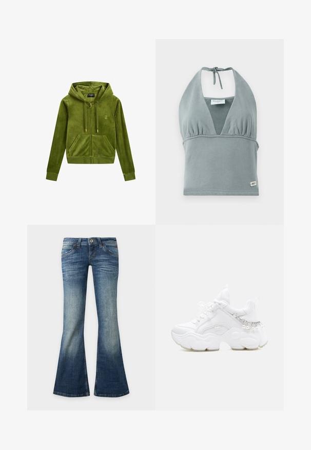 Grøn velour zip-up hoodie med en forlommer, guld lynlås og logodetalje. Har hætte og ribbede manchetter. Blød tekstur.; Halter-neck crop top i dæmpet grå, lavet af blødt stof, med en sammensunket buste, mesh-detaljer og et lille logo mærke ved kanten.; Blå denimjeans med falmet effekt, lav talje, forlommer og udvidede vide ben.; Hvid chunky sneaker med tyk sål, snørelukning foran og kædedetalje med hængende perler på hælen.