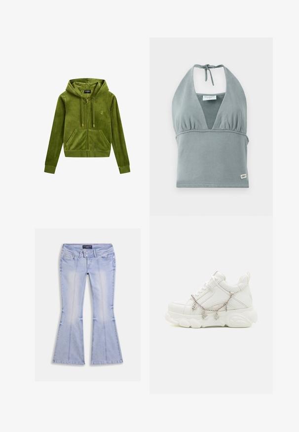 Haut à capuche zippé en velours vert avec une poche avant, fermeture éclair dorée et détail de logo. Comprend une capuche et des poignets côtelés. Texture douce.; Crop top à col halter en gris doux, fabriqué en tissu doux, avec un bustier froncé, des détails en maille et une petite étiquette logo en bas.; Jean évasé bleu clair avec poches avant et arrière, fermeture à double bouton et coutures visibles sur toute la surface.; Baskets blanches avec une semelle épaisse, tige en cuir texturé et chaîne en métal décorative avec des breloques. Dispose d'un système de laçage et d'un col rembourré.