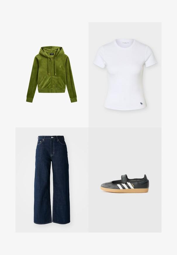 Haut à capuche zippé en velours vert avec une poche avant, fermeture éclair dorée et détail de logo. Comprend une capuche et des poignets côtelés. Texture douce.; T-shirt blanc ajusté à manches courtes en côtes avec col rond et petit logo sombre d'élan près de l'ourlet inférieur sur le côté gauche.; Jeans en denim bleu foncé à jambes larges avec des coutures contrastées, un design à cinq poches et une fermeture à bouton à la taille.; Sneaker en cuir noir et suède avec une sangle Velcro, arborant trois bandes blanches et une semelle en caoutchouc, étiqueté "SAMBA" sur le côté.