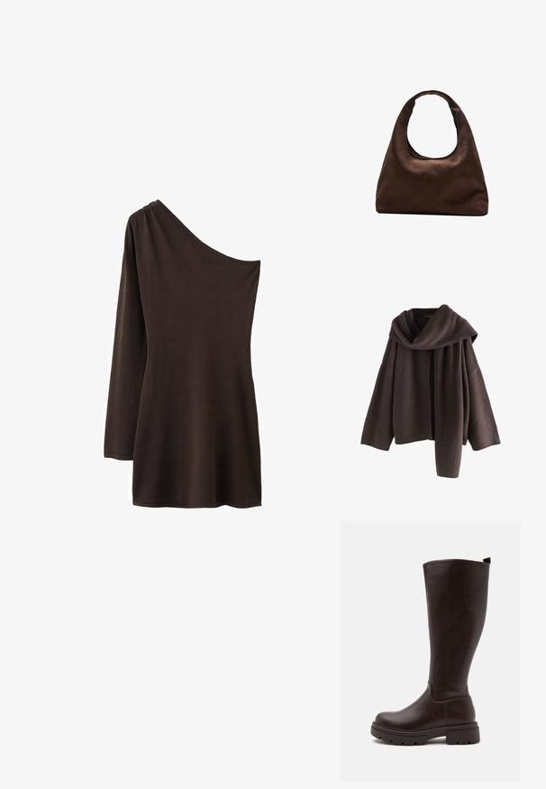 Pull en maille marron foncé à manches longues avec un grand col plié posé sur une épaule, présenté sur un fond blanc.; Haut marron à épaule unique avec une manche longue d'un côté. Tissu doux et extensible avec une texture lisse ; design simple et sans embellissement.; Botte haute en cuir marron foncé avec une semelle épaisse et une languette à l'arrière, vue de profil sur fond blanc.; Sac à main en toile marron doux de style hobo avec une large sangle unique et une ouverture en haut arrondie, présenté sur un fond blanc.