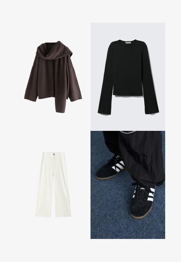 Pull en maille marron foncé à manches longues avec un grand col plié posé sur une épaule, présenté sur un fond blanc.; T-shirt noir à manches longues avec col rond, silhouette ajustée et manches légèrement évasées, étiqueté avec la marque "Weekday" au niveau de l'encolure.; Pantalon blanc taille haute à jambes larges, avec plis à l'avant, passants pour ceinture et fermeture par bouton noir à la taille.; Des chaussures de sport en suède noir avec trois rayures blanches et des lacets noirs. Un pantalon noir texturé est partiellement visible à côté des chaussures.