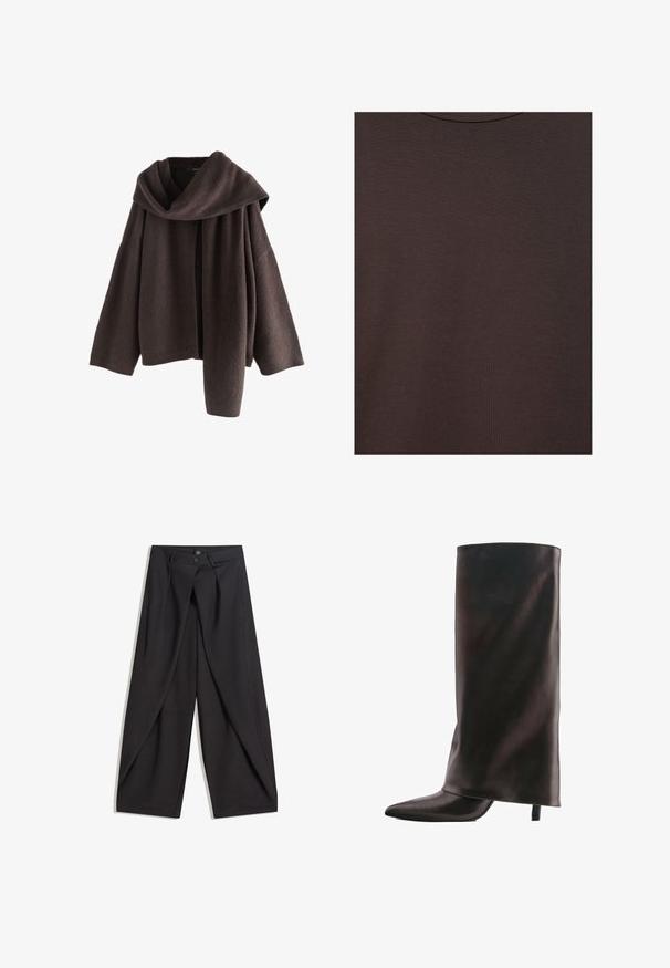 Pull en maille marron foncé à manches longues avec un grand col plié posé sur une épaule, présenté sur un fond blanc.; T-shirt col rond marron foncé en tissu tricoté doux avec une fine texture côtelée.; Pantalon noir à jambes larges avec plis avant, deux boutons à la taille et poches latérales inclinées, présenté à plat sur fond blanc.; Botte haute noire en cuir avec un bout pointu et un talon fin de hauteur moyenne sur fond blanc.