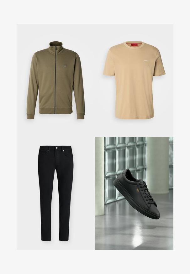 Olijf groene ritsjack van zachte stof met een hoge kraag, geribde manchetten en een klein logo-op-patch op de linkerkant van de borst.; Beige katoenen t-shirt met een ronde hals, korte mouwen en een klein wit "HUGO" logo op de borst. Een gladde textuur zonder patronen.; Zwarte slim-fit jeans met voorzakken, riemlussen, knoopsluiting en een ritssluiting op een witte achtergrond.; Zwarte lage leren sneaker met zwarte veters en gouden BOSS-logo aan de zijkant, zwevend boven glanzende grijze vloer in een moderne binnenruimte.