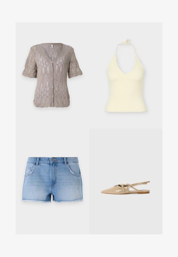 Gilet en tricot marron clair à manches courtes, décolleté en V, fermeture à boutons et motif ajouré complexe sur l'ensemble.; Haut sans manches couleur crème à col licou avec un décolleté en V profond et une fermeture à nouer dans le dos.; Shorts en denim bleu clair, présentant un ourlet effiloché, un design cinq poches et une fermeture à bouton en métal à la taille.; Ballerines à talon bas en cuir verni beige avec un bout pointu, des brides décoratives et des boucles. Fini lisse et brillant avec un minimum de détails.