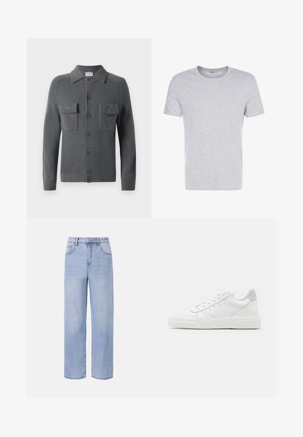 Cardigan en laine grise avec un bouton sur le devant, deux poches poitrine et un col. Poignets et ourlet côtelés. Texture douce.; T-shirt en coton gris avec un col rond, des manches courtes et un design sobre, offrant une texture douce et lisse sans motifs ni embellissements visibles.; Jean en denim bleu clair avec une coupe décontractée et des jambes larges. Les caractéristiques incluent cinq poches, une fermeture à bouton à l'avant et une décoloration subtile.; Des baskets en cuir blanc avec une finition lisse, un bout rond, des lacets plats et une semelle texturée. Accents en daim gris au niveau du talon.
