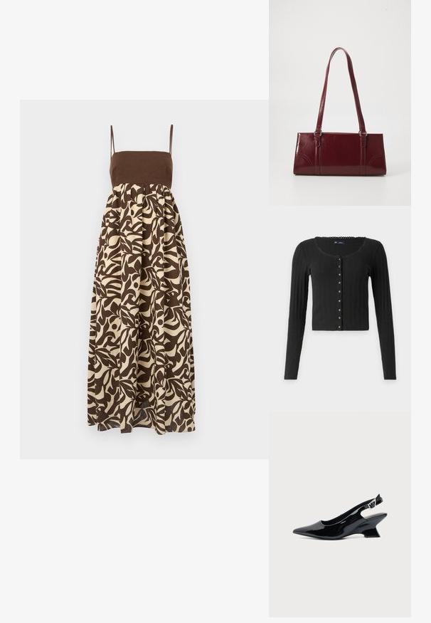 Sort langærmet cardigan lavet af ribbet stof med en rund halsudskæring, der har en række metalliske knapper foran og en cropped pasform.; Brun og off-white trykt maxi-kjole med tætsiddende top, tynde stropper og udsvungne skirt, der har organisk bladmønster.; Sort laklæder slingback sko med spids tå og lav vinklet blokhæl på ensartet lys baggrund.; Bordeaux håndtaske lavet af glansfuldt materiale, rektangulær form, med to skulderremme og subtile buede detaljer på forsiden.