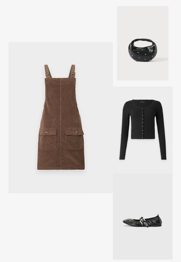Sort langærmet cardigan lavet af ribbet stof med en rund halsudskæring, der har en række metalliske knapper foran og en cropped pasform.; Brun fløjl overallkjole med justerbare stropper, to forlommer og en centralseam. Struktureret stof med et blødt udseende.; Sorte læder flade sko med spids tå, samling detaljer omkring åbningen, og en sølv spænde accent på den justerbare rem.; Sort læderhåndtaske med en rundet form, dekoreret med sølvnitter, og et kort håndtag. Glat tekstur og lynlåslukning.
