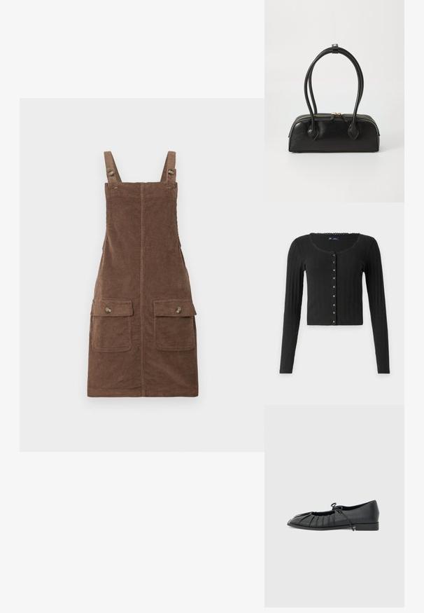 Sort langærmet cardigan lavet af ribbet stof med en rund halsudskæring, der har en række metalliske knapper foran og en cropped pasform.; Brun fløjl overallkjole med justerbare stropper, to forlommer og en centralseam. Struktureret stof med et blødt udseende.; Sort flad sko med plisseret forstykke og bundet sløjfe på toppen, lav hæl og glat tekstur på en lysegrå baggrund.; Sort læder håndtaske med to langstrakte håndtag, lynlåslukning og afrundet form; glat tekstur med en subtil blank finish.