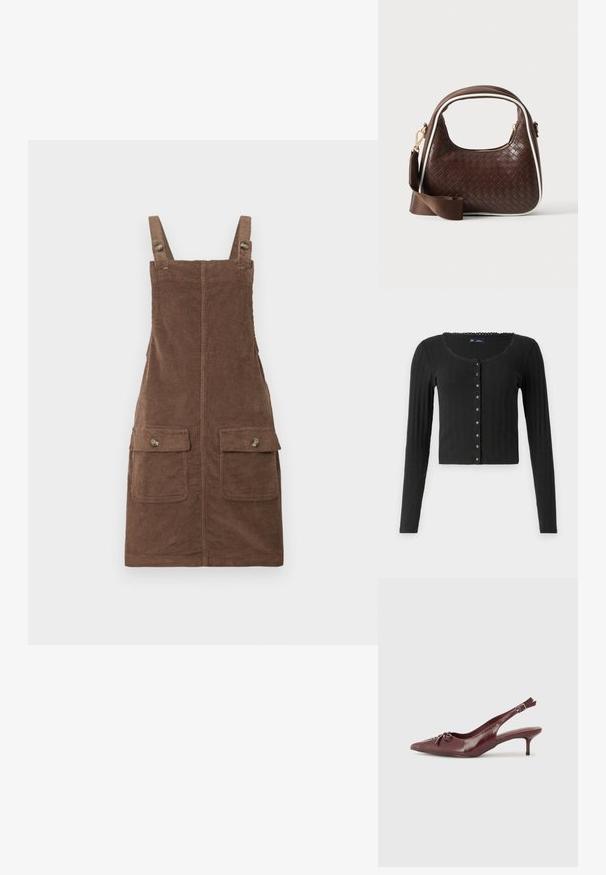 Sort langærmet cardigan lavet af ribbet stof med en rund halsudskæring, der har en række metalliske knapper foran og en cropped pasform.; Brun fløjl overallkjole med justerbare stropper, to forlommer og en centralseam. Struktureret stof med et blødt udseende.; Bordeaux læder slingback hæl med spidse tå, justerbar rem og dekorativ sløjfedetalje foran. 7,5 cm hælhøjde.; Brun vævet læderhåndtaske med hvid piping, guldfarvet lynlås og aftagelig brun stofskulderrem.