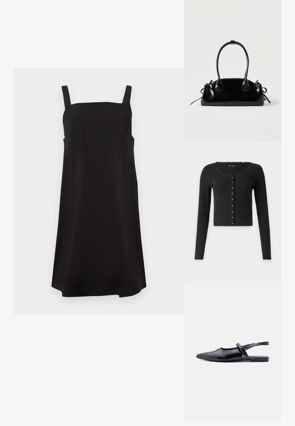 Sort langærmet cardigan lavet af ribbet stof med en rund halsudskæring, der har en række metalliske knapper foran og en cropped pasform.; Sort ærmeløs kjole med firkantet halsudskæring, lavet af glat stof, med en løs pasform og lige snit. Ingen synlige mønstre eller hardware.; Sort spids slingback-flad sko med tynd strop over toppen og tekstureret lædermønster.; Lille sort blank håndtaske med to lange håndtag og snøre-detaljer i siden på en ensfarvet lys baggrund.