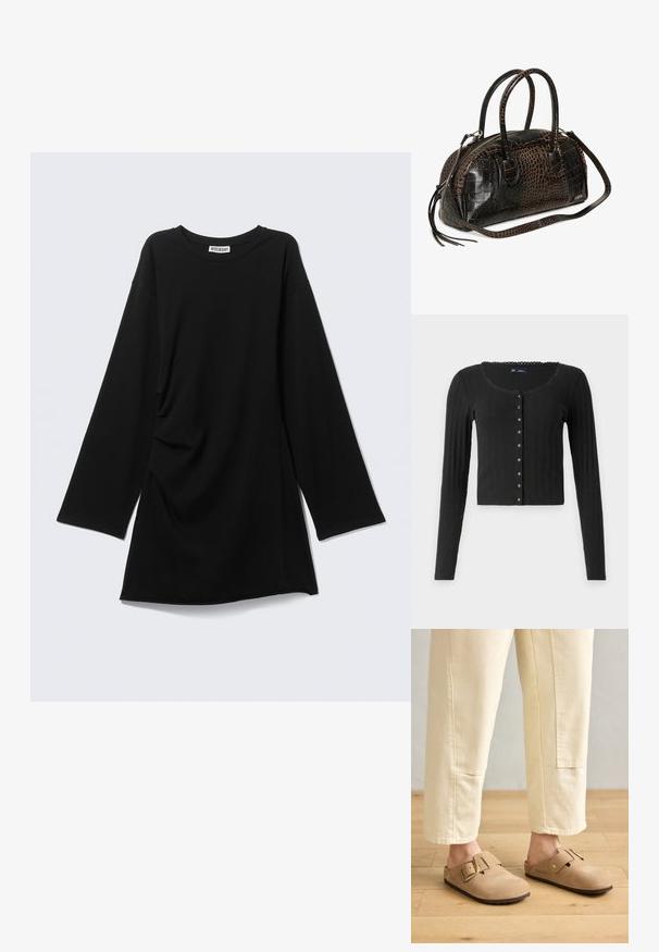 Cárdigan negro de manga larga hecho de tela acanalada con escote en forma de barco, que presenta una fila de botones metálicos en la parte delantera y un corte cropped.; Camiseta negra de manga larga con cuello redondo, ajuste cómodo y ligero fruncido en un lado, mostrada plana sobre un fondo gris claro.; Zuecos de gamuza en tono marrón claro con una correa ancha y hebilla dorada, superficie texturizada y suela de goma marrón; combinados con pantalones sueltos de corte tapered en color marfil.; Bolso de mano de cuero con estampado de cocodrilo en negro y marrón, con dos asas y una larga correa de hombro ajustable, con cremallera plateada y borlas decorativas.