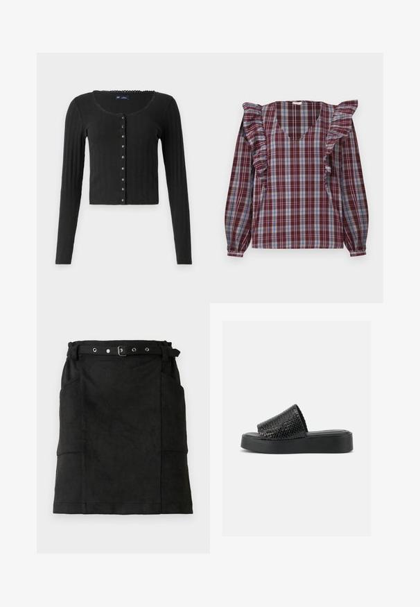 Cárdigan negro de manga larga hecho de tela acanalada con escote en forma de barco, que presenta una fila de botones metálicos en la parte delantera y un corte cropped.; Blusa a cuadros en marrón y azul con mangas acampanadas, escote en V y mangas largas tipo globo. Tejido ligero con un patrón de cuadros.; Falda de ante negra con una forma ajustada, que incluye pasadores para cinturón, una hebilla y dos bolsillos laterales. Textura suave, diseño hasta las rodillas.; Sandalia de plataforma negra con una gruesa tira texturizada tejida y una suela gruesa sobre un fondo blanco liso.