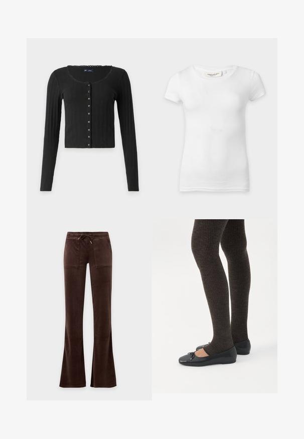 Sort langærmet cardigan lavet af ribbet stof med en rund halsudskæring, der har en række metalliske knapper foran og en cropped pasform.; Plain hvid kortærmet tætsiddende t-shirt med rund halsudskæring, vist på en flad overflade.; Mørkebrune velourbukser med snøre i taljen, to frontlommer og let udvidede ben mod en ensfarvet baggrund.; Ben iført mørke ribbede leggings kombineret med sorte balletsko med små sløjfedetaljer på hvid baggrund.