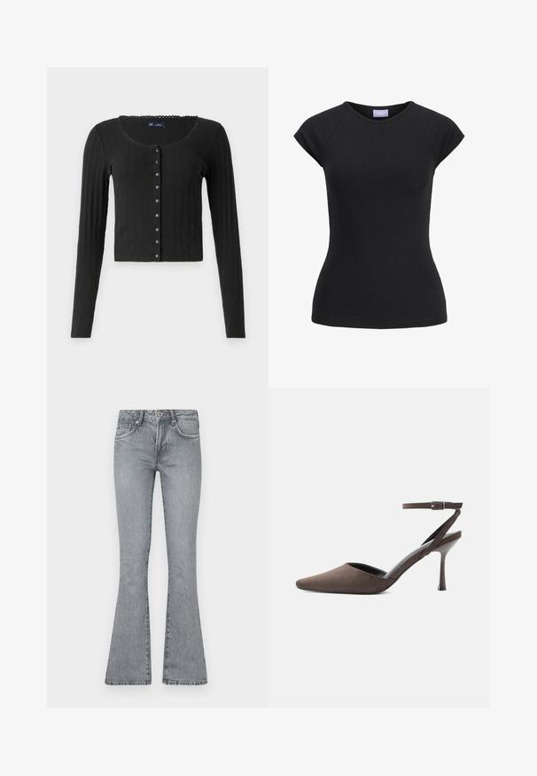 Cardigan noir à manches longues en tissu côtelé avec un col en cœur, présentant une rangée de boutons métalliques sur le devant et une coupe courte.; T-shirt noir ajusté à manches courtes avec encolure ronde et étiquette de marque violette à l'intérieur du col.; Jean flare gris clair en denim. Présente une taille haute, un design à cinq poches et un délavage avec des accents de couture le long des coutures.; Chaussure à talon haut en daim marron à bout pointu, avec une fine bride de cheville et une boucle argentée sur fond blanc.