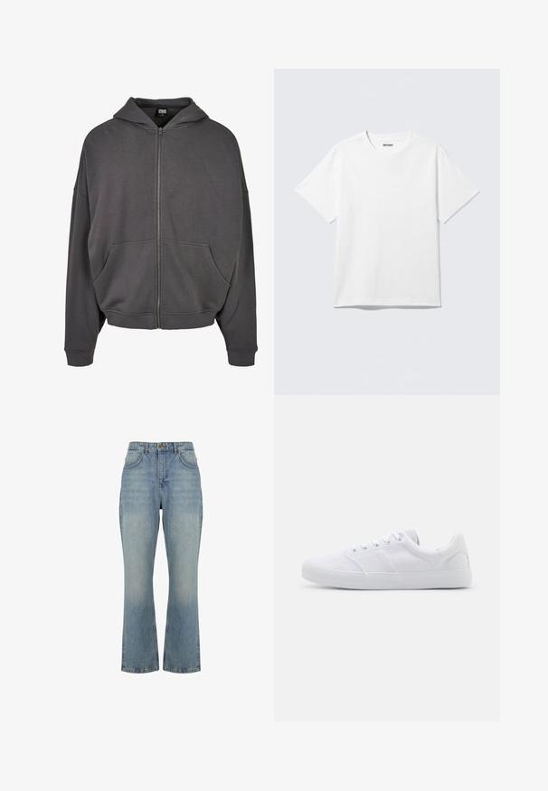 Sweatshirt zip gris avec capuche à cordon, poches avant, manches larges et poignets et ourlet côtelés. Texture de tissu lisse.; T-shirt blanc à manches courtes et col rond, étalé à plat, design uni, avec l'étiquette "WEEKDAY" à l'intérieur du col sur un fond clair.; Jean en denim bleu clair taille haute, coupe droite, fermeture par boutons devant, passants de ceinture et deux poches avant.; Baskets en toile blanches avec une semelle en caoutchouc, dotées de six œillets, d'un embout texturé et d'un design minimaliste.