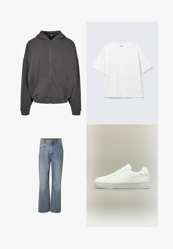 Sweatshirt zip gris avec capuche à cordon, poches avant, manches larges et poignets et ourlet côtelés. Texture de tissu lisse.; T-shirt blanc oversize à manches courtes, col rond, épaules tombantes, posé à plat sur fond gris clair.; Jean en denim bleu taille haute avec jambes larges, fermeture à boutons sur le devant, passants pour ceinture et poches devant et derrière.; Baskets basses blanches à lacets, doté d'un col rembourré et d'une semelle en caoutchouc texturée, présentées de profil sur un fond neutre.