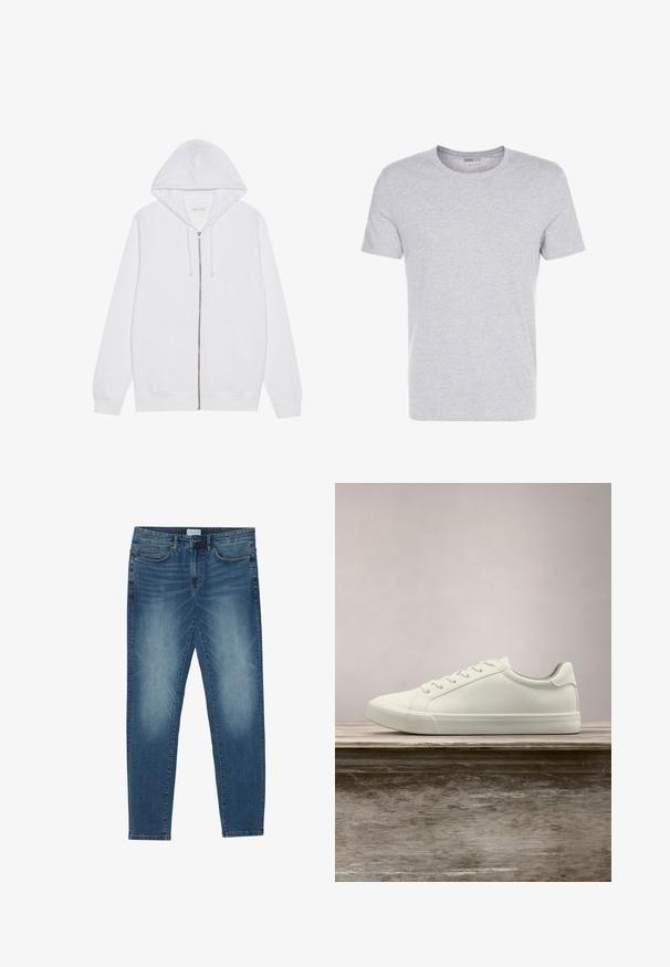 Haut à zip blanc en tissu mélangé coton. Comprend des poches avant, une capuche avec cordon de serrage et des poignets et un ourlet côtelés. Texture lisse.; T-shirt en coton gris avec un col rond, des manches courtes et un design sobre, offrant une texture douce et lisse sans motifs ni embellissements visibles.; Jean en denim bleu moyen avec un délavage léger, design à cinq poches, coupe droite et accents cousus. Fermeture par bouton et zip.; Sneaker en dentelle blanche flottant au-dessus d'un banc en bois avec un feuillage vert en arrière-plan, mettant en valeur le design et la texture de la chaussure.