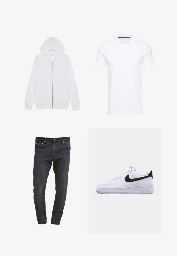 Haut à zip blanc en tissu mélangé coton. Comprend des poches avant, une capuche avec cordon de serrage et des poignets et un ourlet côtelés. Texture lisse.; Polo shirt blanc en coton, avec un col traditionnel, des manches courtes et une patte de boutonnage à trois boutons, avec des accents navy discrets à l'intérieur.; Jean en denim noir slim-fit avec design à cinq poches, fermeture éclair et décoloration subtile. Texture lisse avec une finition en dégradé foncé.; Sneaker en cuir blanc avec un Swoosh noir texturé, des lacets plats et une semelle en caoutchouc avec un motif strié. "AIR" est embossé sur le talon.