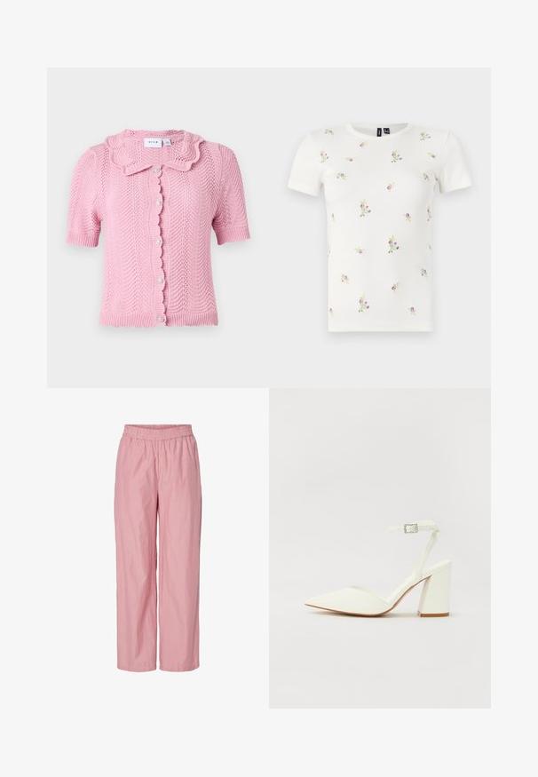 VILA VILUND SHIRT - Neuletakki - sangria sunset; Valkoinen puuvillainen lyhythihainen t-paita, jossa on resorikuvio ja siellä täällä levittäytyvää vaaleanpunaista ja vihreää kukkaistikkausta.; Vaaleanpunaiset raidalliset löysät housut, joissa on joustava vyötärö. Valmistettu kevyestä kankaasta, jonka pinta on sileä. Sisältää hillittyjä pystysuoria raitoja.; Valkoinen korkokenkä, jossa on teräväkärkinen muotoilu, säädettävä nilkkaremmi ja paksu neliönmallinen korko. Tasainen pinta, jossa on vain vähän ompelusaumoja.