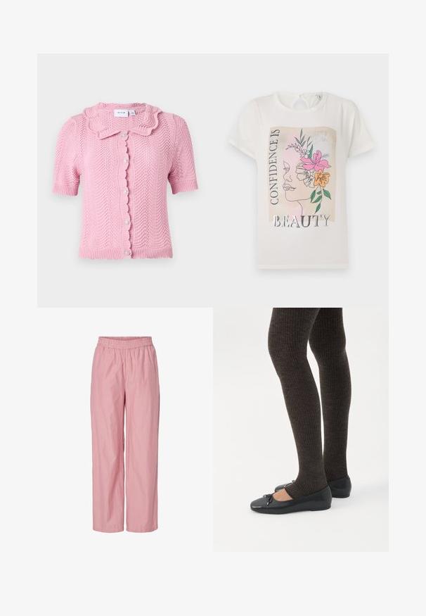 VILA VILUND SHIRT - Kardigan - sangria sunset; Valge T-särk, millel on graafiline disain, kus on kujutatud lilledega kaunistatud nägu ning tekst "ENESEKINDLUS ON ILU." Lühikesed varrukad, ümar kaelus.; Roosa triibuline laiemate jalgadega püksid elastse vöökohtaga. Valmistatud kergest kangast, millel on sile tekstuur. Omavad peeneid vertikaalseid triibusid.; Jalad seljas tumedad soonelises soonelises kombines mustade baleriinadega, millel on väikesed paelade detailid valgel taustal.
